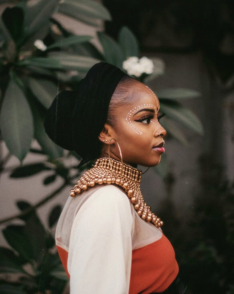 Profile portrait of a woman in traditional attire, emphasizing cultural beauty.